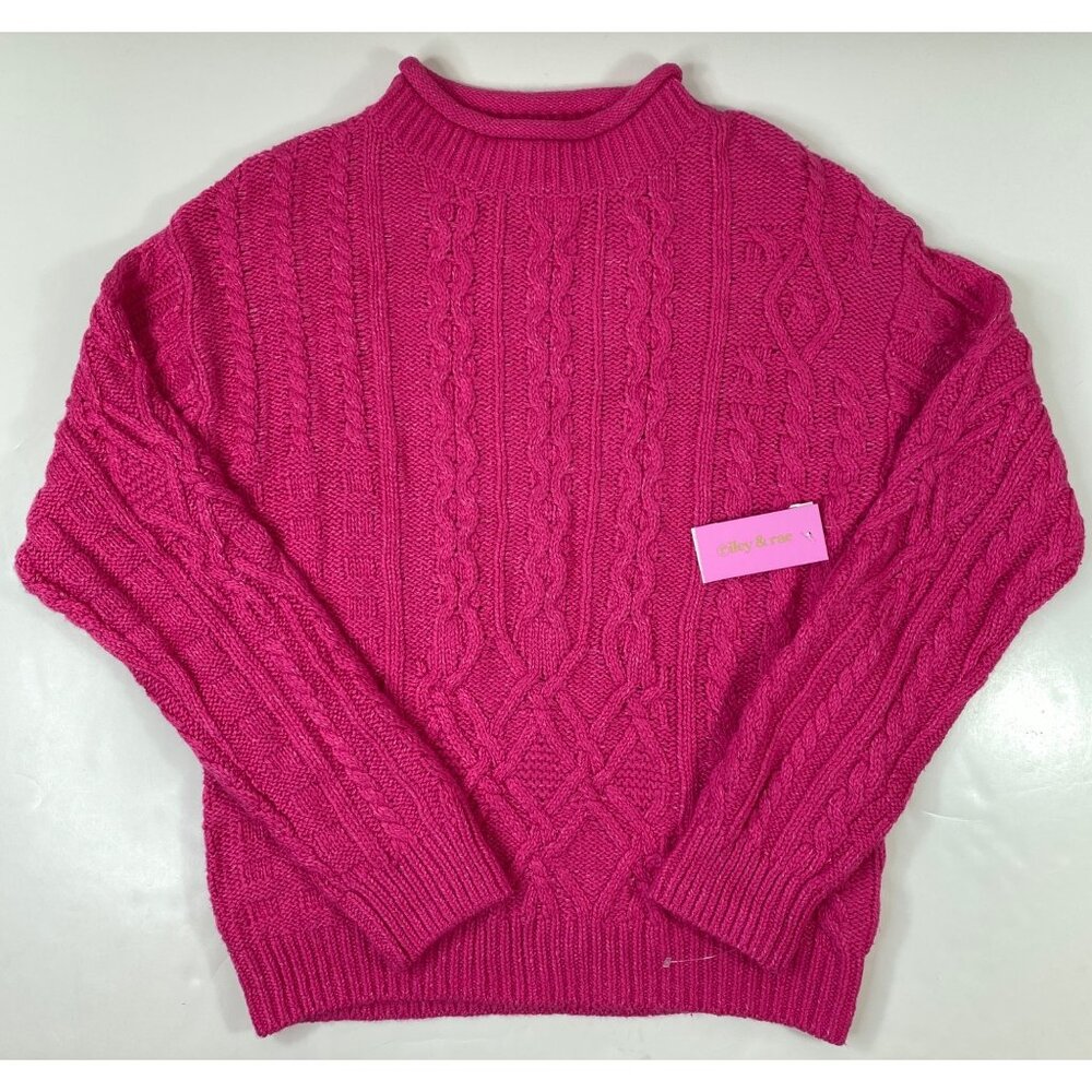 Riley & Rae Womens Hot Pink Cable Knit Sweater Pullover Mock Neck Size Medium